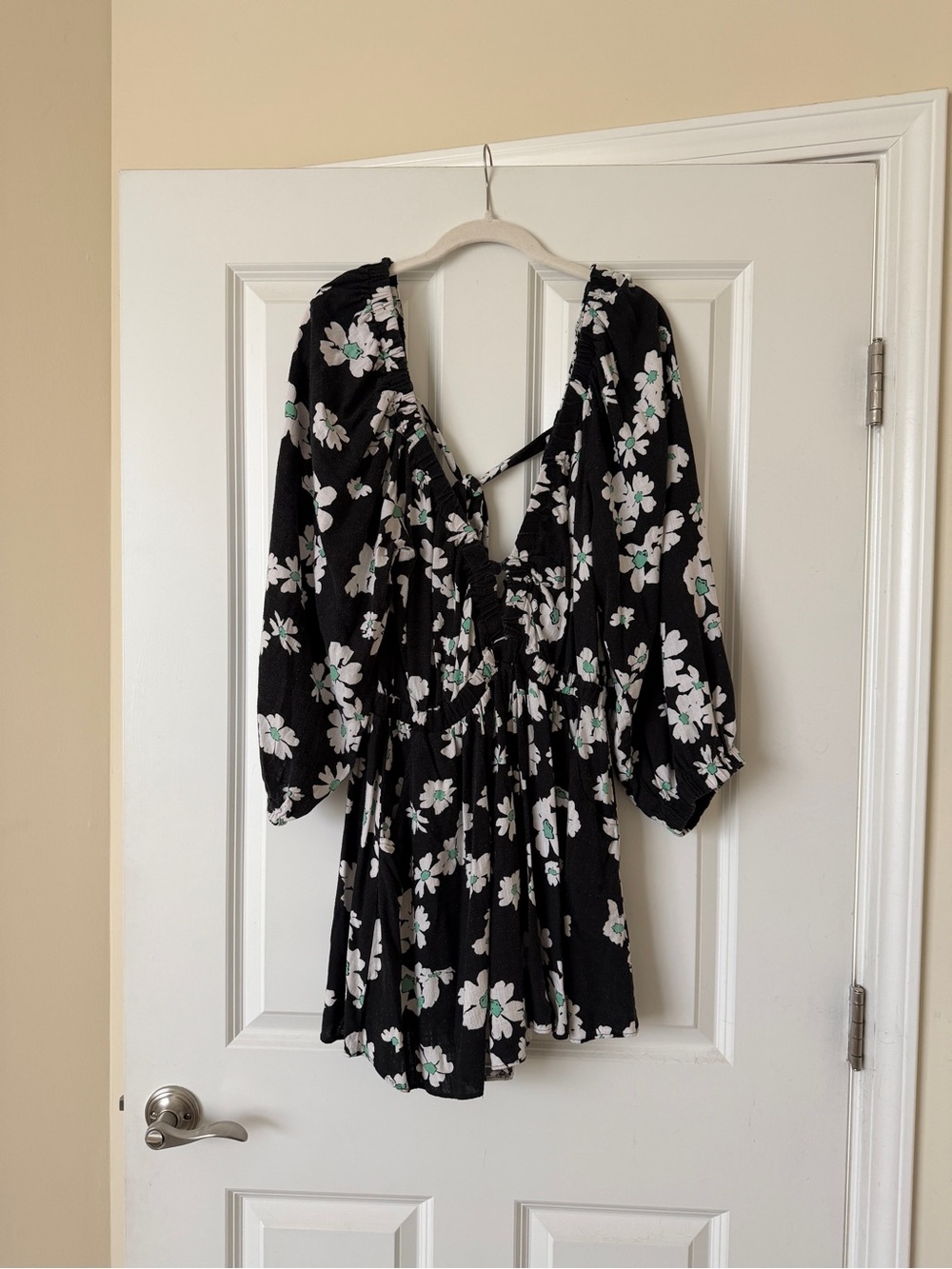 Topshop Black Floral V-Neck Romper with Mint Accents